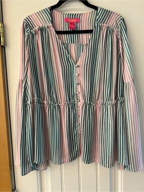 Catherine Malandrino Pink & Teal Striped Button-Front Peplum Blouse